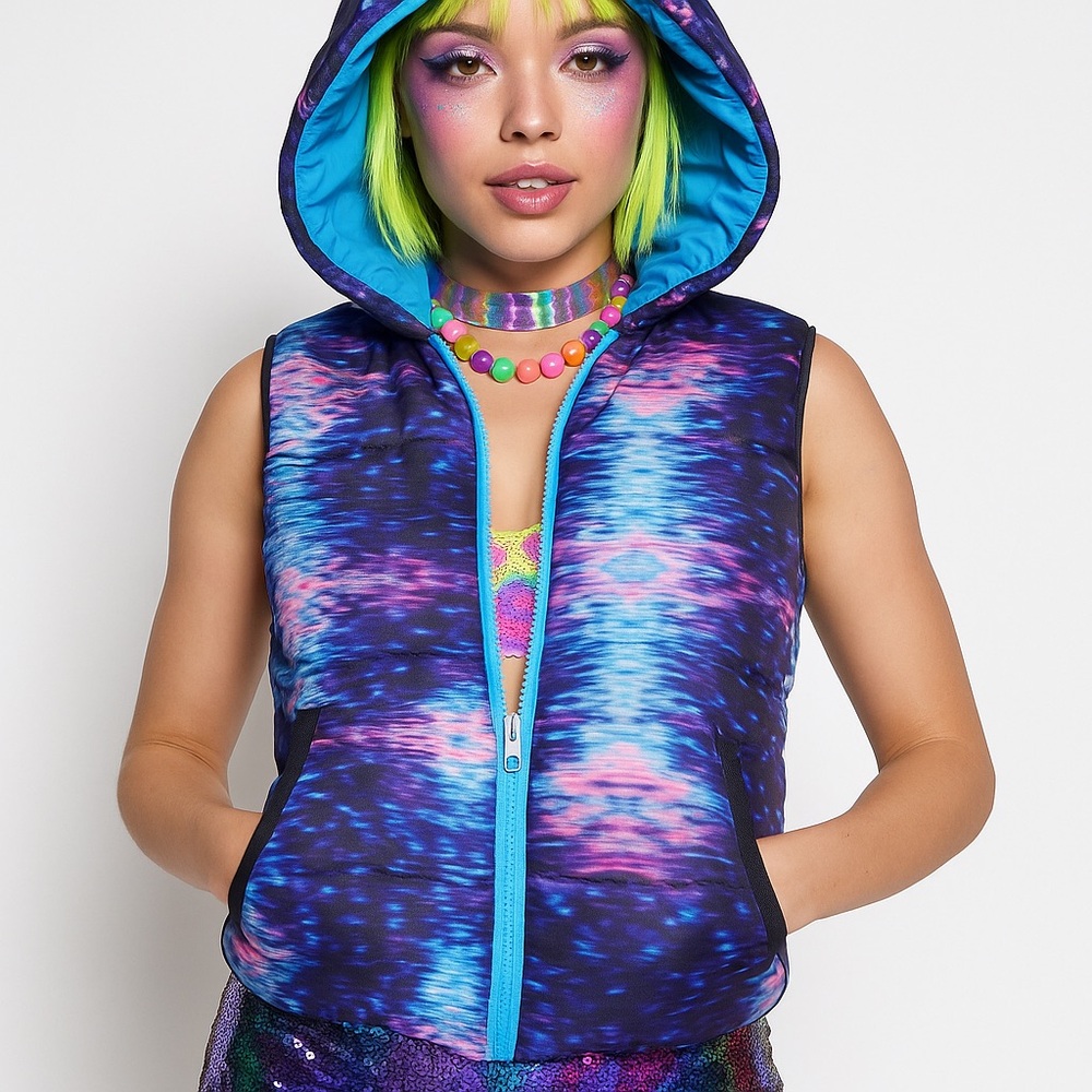 SUGARFLY Sample Cosmic Tie Dye Packable Reversible Quilted Hooded Puffer Vest S